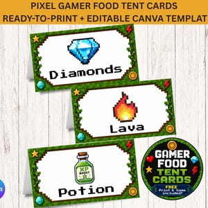 May include: Three rectangular pixel-style food tent cards with green block borders. The cards feature pixelated icons of a blue diamond, a flame, and a green potion bottle with the text Diamonds, Lava, and Potion. A circular badge reads Gamer Food Tent Cards.
