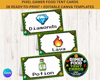 Editable Pixel  Mine Gamer Party Food Tent Cards | Printable Video Game Food Labels | Canva Template + Snack Quest Game + Bonus Wall Art