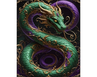 Poster mit mystischem grünen Drachen | Barocke Fantasy-Wandkunst | Drachenposter | Gotische Dekoration