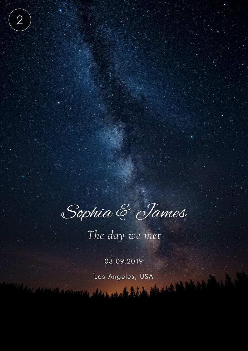 K&ouml;nnte beinhalten: Ein vertikaler Druck mit einem dunkelblauen Nachthimmel voller Sterne und der Milchstra&szlig;e. Der Text lautet: Sophia & James, The day we met, 03.09.2019, Los Angeles, USA. Am unteren Rand ist die dunkle Silhouette eines Waldes zu sehen.