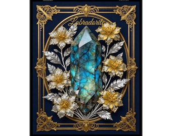 Labradorit-Kristallposter | Wandbild mit blauem Reflexionsstein | Mystisches Kristallposter | Spirituelle Dekoration | Geschenk für Kristallliebhaber