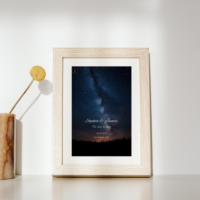 K&ouml;nnte beinhalten: Ein gerahmter Druck mit einem Nachthimmel und der Milchstra&szlig;e &uuml;ber einer dunklen Waldsilhouette. Der Text lautet Sophia & James, The day we met, 03.09.2019, Los Angeles, USA, mit einem kleinen Kreis, der die Zahl 2 in der Ecke enth&auml;lt.