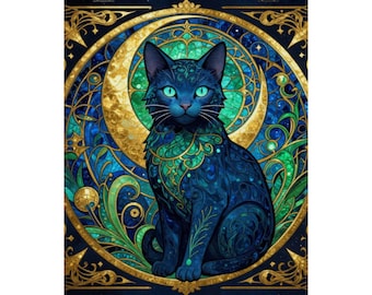 Poster „Himmlische Hexenkatze“ | Schwarze Katze im Jugendstil | Poster „Mystische Mondkatze“ | Spirituelle Dekoration | Geschenk für Hexen