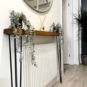 May include: A narrow wooden console table with thin black metal hairpin legs, positioned over a white radiator. The table features two black pots containing trailing green eucalyptus plants and a small glass diffuser with reed sticks.