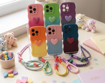 Gradient Wave iPhone Case with Heart, Silicone Lanyard Phone Cover
