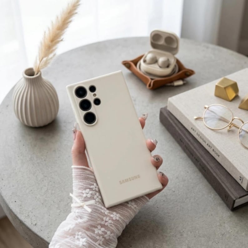 May include: A cream-colored smartphone case with a rectangular shape and a cutout for a multi-lens camera system on the back. The word SAMSUNG is printed in a subtle font near the bottom center of the smooth, matte-finish protective cover.
