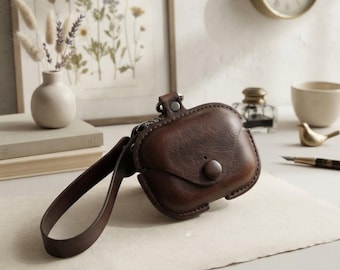 Brown Leather Earbud Case, Vintage Wireless Headphone Cover with Rope Strap