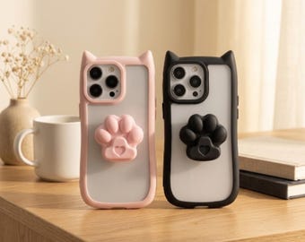 3D Cat Ear iPhone Case with Claw Grip Holder, Clear Protective Cover