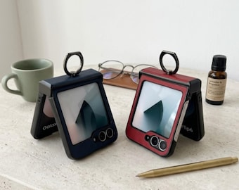 Samsung Galaxy Z Flip Leather Case with Ring Holder, Hinge Protection, Slim Protective Cover