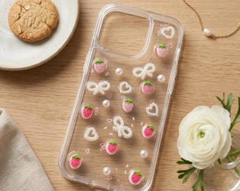 3D Strawberry Glitter iPhone Case, Pearl Bow Clear Protective Cover