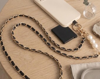 Pearl Leather Metal Chain Phone Lanyard, Crossbody Shoulder Strap, Anti-Lost Necklace