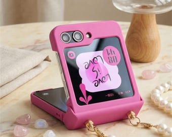 Rose Red Leather Phone Case Pearl Chain Samsung Galaxy Z Flip 5/6/7 Mirror Cover