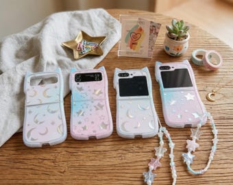 Mirror Star Moon Samsung Z Flip Case with Chain, Kawaii Silicone Protective Cover
