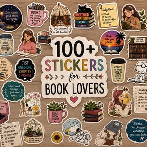 May include: A collection of over 100 stickers featuring book-themed illustrations, including people reading, cozy reading nooks, stacks of books, coffee cups, and Snoopy characters, with the central text reading 100+ STICKERS for BOOK LOVERS.