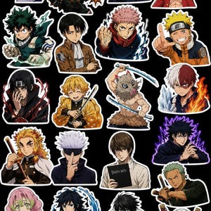 May include: A collection of twenty individual vinyl stickers featuring various anime characters in dynamic poses. The designs include figures with swords, elemental effects, and one character holding a black book labeled Death Note.