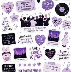 May include: A collection of purple-themed K-pop stickers featuring various designs including hearts, light sticks, music players, concert scenes, and text phrases like K-pop is my therapy, OT7, and We purple you on a white background.