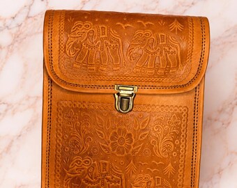 Borsa a tracolla in vera pelle fatta a mano, borsa a tracolla rustica con motivo a rilievo, borsa da viaggio per cellulare