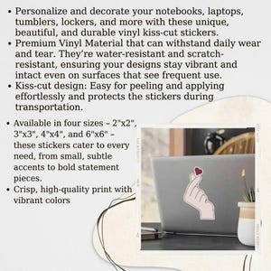 May include: A vinyl kiss-cut sticker featuring a hand making a finger heart gesture with a small red heart above it. The sticker is applied to a grey laptop. Text on the image lists features including water-resistance and four sizes: 2"x2", 3"x3", 4"x4", and 6"x6".