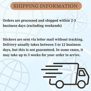 May include: A light blue informational graphic with a compass rose background featuring the text SHIPPING INFORMATION, followed by details regarding order processing times, letter mail delivery, and a black line art icon of a moving delivery truck.