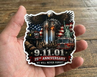 Never Forget 9/11 Memorial Sticker/Car Magnet, Patriotic American Flag Tribute Vinyl Decal, September 11 Remembrance Sticker