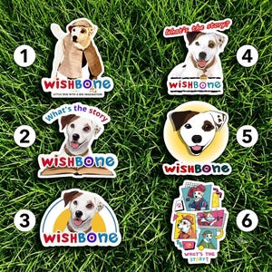 May include: Six die-cut stickers featuring the Jack Russell Terrier character Wishbone. Designs include the dog in a detective outfit, reading a book, and in various costumes with the text "Wishbone" and "What's the story?" in colorful lettering.
