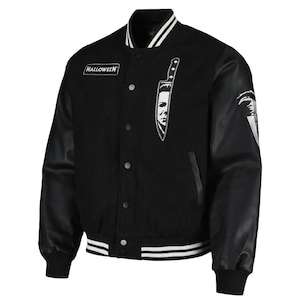 Black and White Horror Nights Varsity Jacket | Wool Body Leather Sleeves | Men & Women