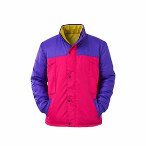 May include: A colour-blocked puffer jacket featuring a vibrant hot pink main body, deep purple sleeves and upper chest panels, and a mustard yellow inner collar. The jacket includes a central button-down placket and two front flap pockets.