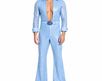 Blue Purple Red Sequin Jumpsuit | Open Front Shirt Collar | Stage Performance Style Men & Women