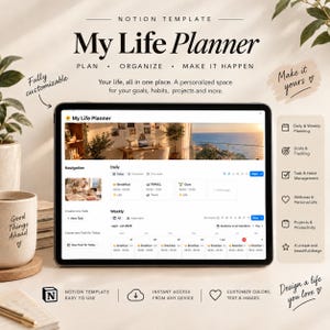 Puede incluir: Una plantilla digital de Notion titulada My Life Planner mostrada en una pantalla de tableta. La interfaz incluye secciones para planificación diaria y semanal, seguimiento de objetivos y gestión de tareas. El texto incluye Plan, Organize, Make It Happen, con iconos para planificación, objetivos, tareas y bienestar.