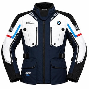 May include: A navy blue, white, and black motorcycle jacket featuring the BMW Motorrad logo on the chest, GS Pro branding, and red and blue accent stripes on the sleeves. The jacket includes a high collar, multiple zippered pockets, and adjustable side straps.