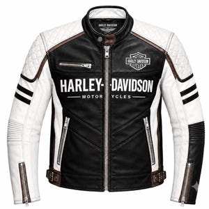 Harley-Davidson herrjacka i svart och vitt läder, vintage racerrock, broderad logotyp