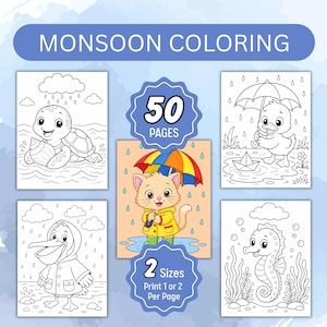 May include: A digital colouring book titled MONSOON COLORING featuring 50 pages and 2 sizes. The collection includes black and white line art of a turtle, a duck with an umbrella, a pelican in a raincoat, a seahorse, and a coloured cat with an umbrella.