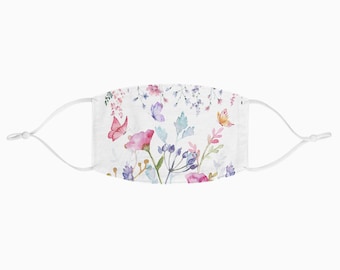 Ansiktsmask med blommig fjäril | Återanvändbar tygmask med akvarellblomma | Justerbar ansiktsmask med Cottagecore | Botaniskt tryck Gåva