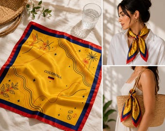 Colombia Satin Scarf 75x75cm | Colombian Heritage Head Scarf | Neck Scarf, Hair Scarf & Bag Accessory Gift