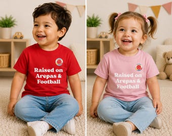 Raised on Arepas & Football Toddler T-Shirt, Colombian Kids Shirt, Football Lover Tee, Latino Heritage Clothing, Unisex Boy and Girl Gift