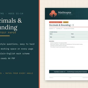 May include: A digital document titled Decimals & Rounding - 1, featuring a dark teal header with an orange octopus logo and the text Mathtopus. The page includes fields for student details, exam instructions, and a total marks indicator of 42.