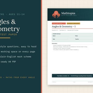 May include: A printable A4 PDF maths test paper titled Angles & Geometry - 1 for ages 11-14. The document features a dark teal header with an orange octopus logo, student detail fields, instructions, and a total marks available count of 54.