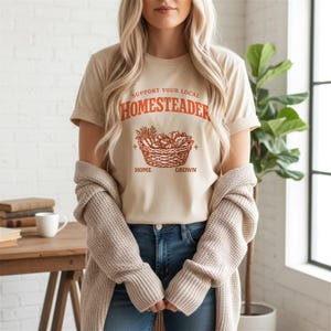 Support Local Homesteader Shirt, Homegrown Vegetable Basket Tee, Cottagecore Farmhouse Gardener Gift image 2