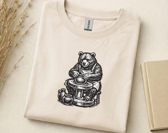 Pottery Bear Shirt, Ceramic Artist Gift, Vintage Woodcut Potter at the Wheel Tee, Clay Lover Shirt, Pottery Teacher Gift, Studio Tee