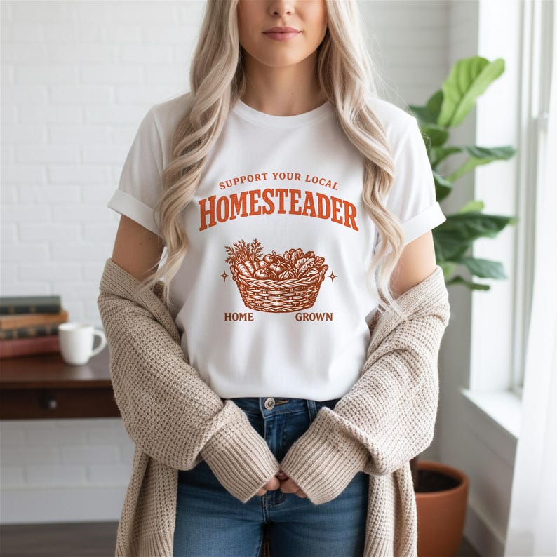 Support Local Homesteader Shirt, Homegrown Vegetable Basket Tee, Cottagecore Farmhouse Gardener Gift image 8