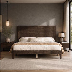 Bed Frame, Solid Wood Platform Bed with Headboard, Queen Bed Frame, Mid Century Modern Wooden Bed Frame, Silent Wood Slats, No Box Spring
