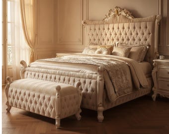 Poster Bed Upholstered Bed Frame Tufted Bed Antique Pearl Bed Queen Bed King Bed Luxury Bedroom Furniture Nailhead Trim Bed