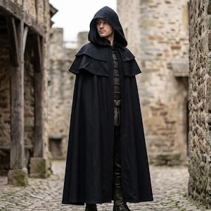 Medieval Hooded Cloak, Black Gothic Wizard Cape, Viking Celtic Ren Faire LARP Costume for Adults