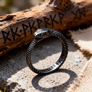 May include: A dark metallic ring shaped like a coiled snake with detailed scales and a defined head. The band features a textured surface mimicking snake skin, with the head of the serpent resting against the opposite side of the circular band.