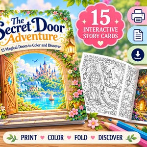 May include: A book titled The Secret Door Adventure featuring 15 magical doors to colour and discover, alongside 15 interactive story cards. The cover displays a castle landscape, while an open book shows a black and white line art page.