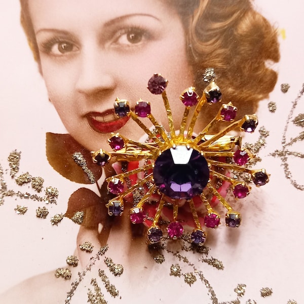 Vintage brooch star crystal golden metal shiny pink cristal vintage French