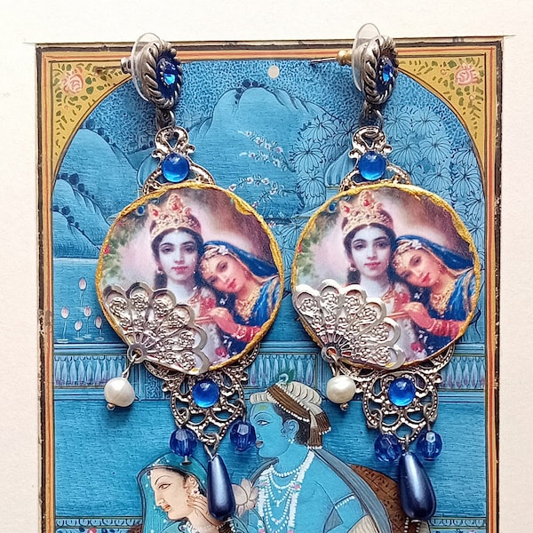 Boucles d'oreilles perles Krishna et Radha boho hippy chic, argenté