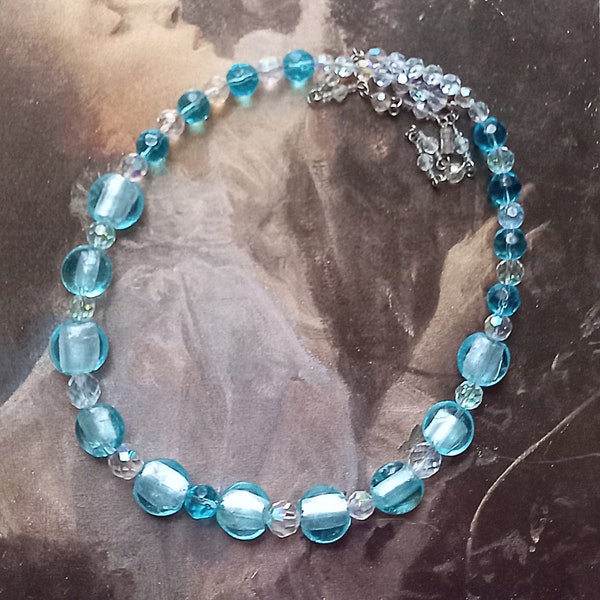 Collier perles Murano et cristal bleu turquoise vintage