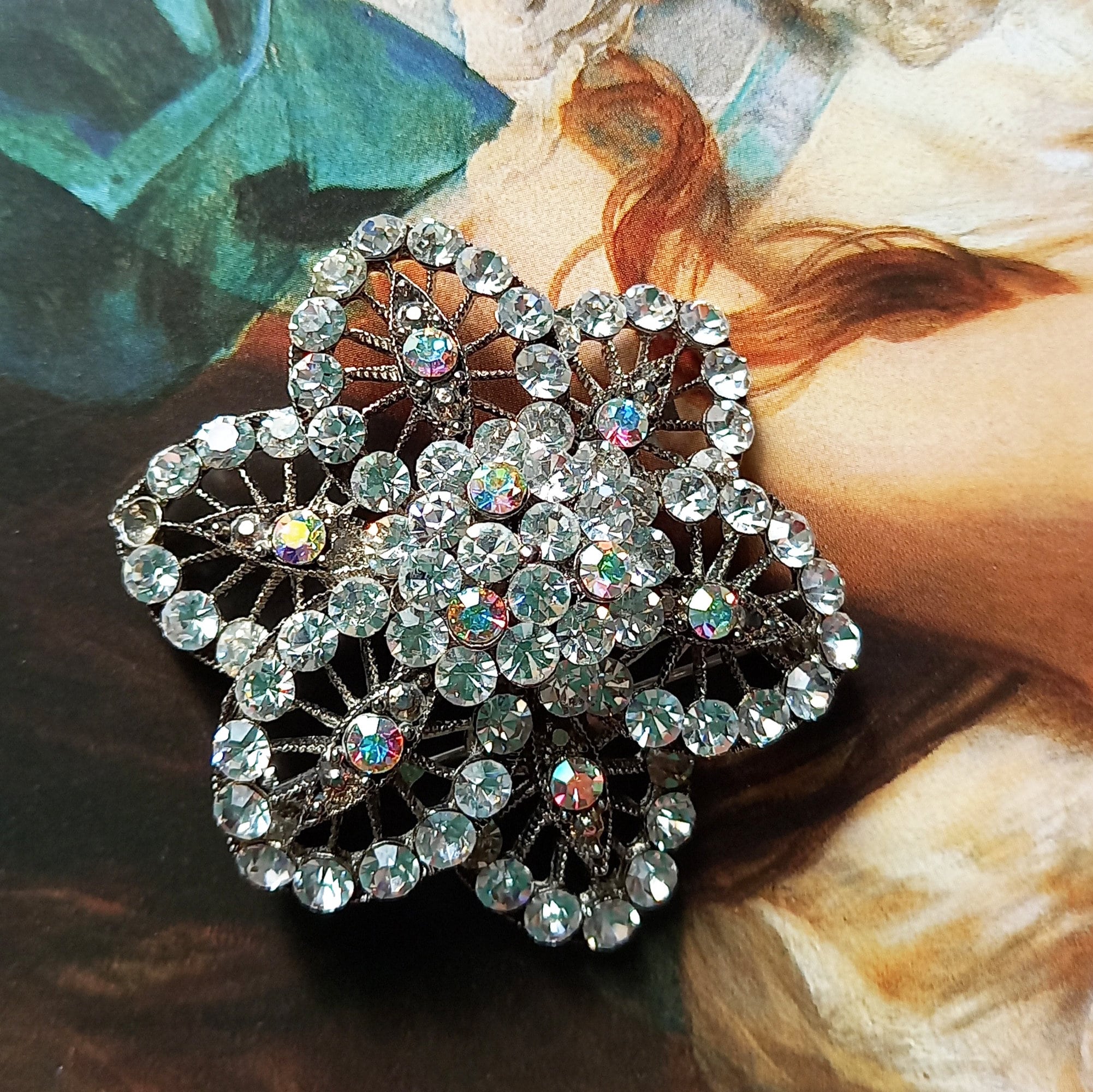 Broche Vintage En Métal Argenté étoile émaillée Avec Cristaux - Ancien Bijou, Occasion, Multicolore