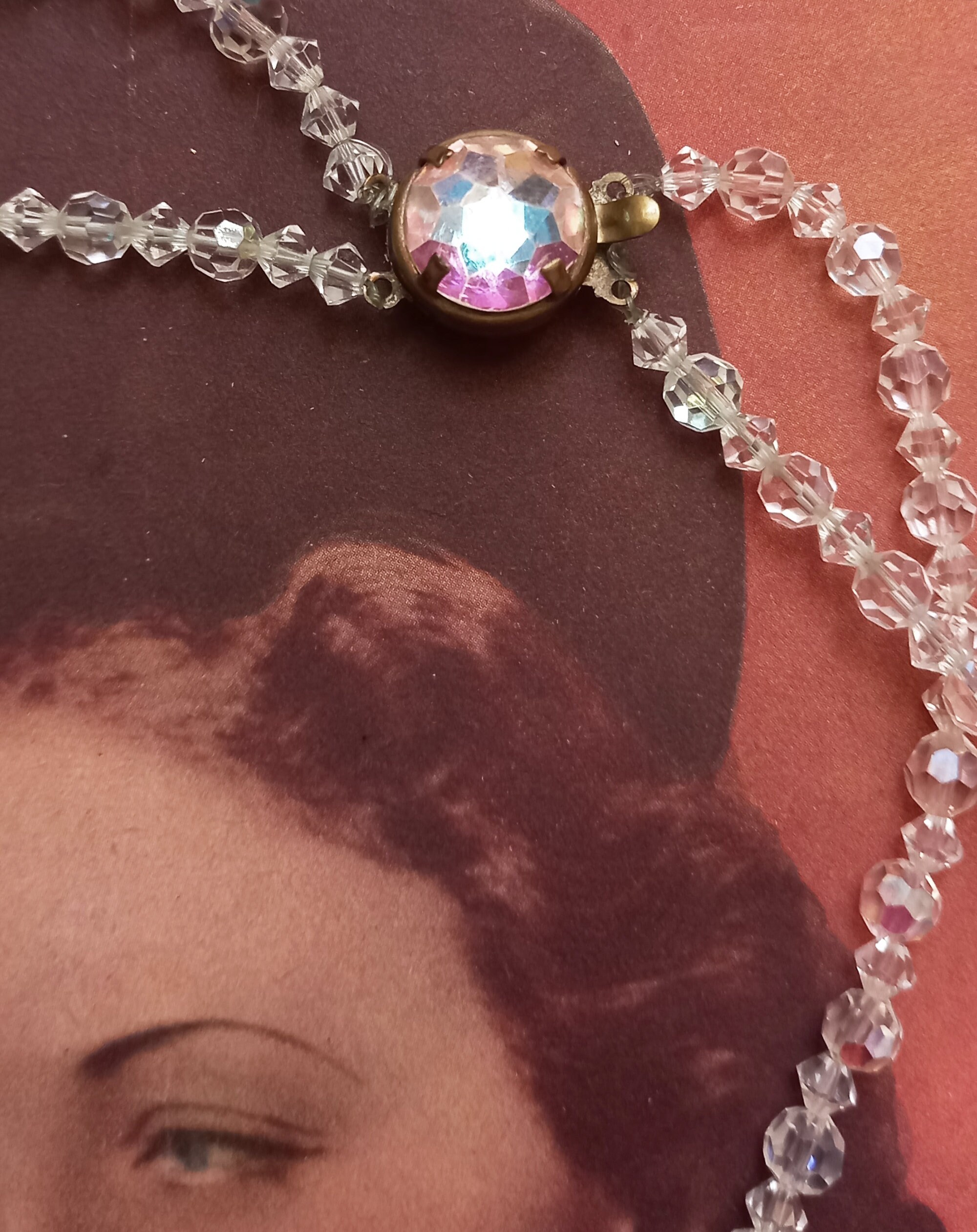 Collier Vintage 2 Rangs En Perles Cristal Aurore Boréale Et Vertes - Sans Pendentif - Bon état